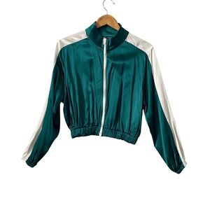 Zara Women Teal Green Satin Cropped Track Jacket Zip Up White Stripe Size Medium